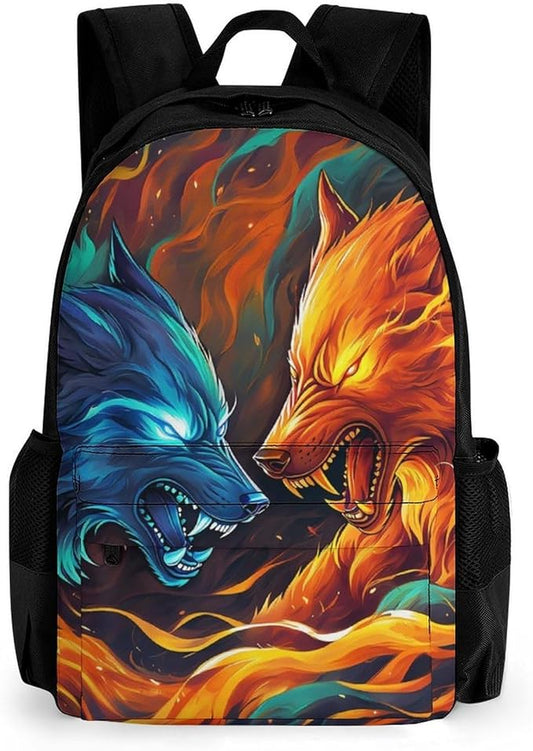 Supdreamc Polyester Daypack Bookbag for Gym Business Bicycle, Large Capacity Multipurpose Anti-Theft Carry On Bag, Ice And Fire Flaming Cool Wolf Art Travel Hiking Daypack