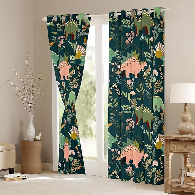 Green Dinosaurs Window Curtain | Tropical Palm Leaf Blackout Curtain for Girls Bedroom Decor,Cartoon Dinosaur Curtains Colorful Floral Living Room Top 2 Panels,42Wx84L