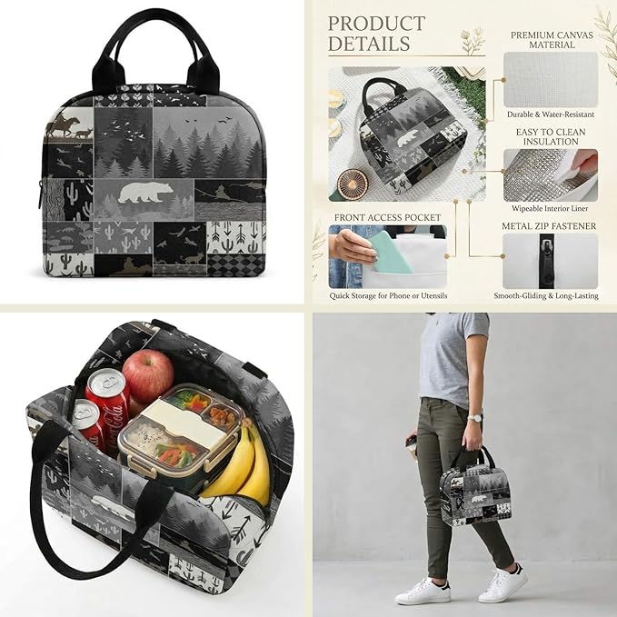 Western Retro Denim Insulated Lunch Bag Bear Deer Bird Nature Landscape Cactus Thermal Tote Portable Size (01)