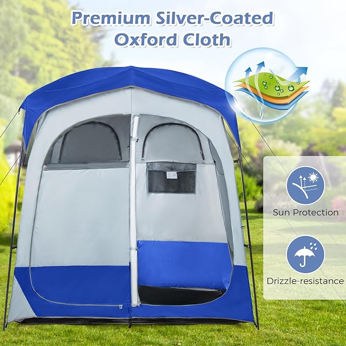 Goplus 2 Room Shower Tent, Portable Camping Changing Shelter with Floor Drain,Detachable Rain Fly, Stakes & Ropes, UV Protection, Water Resistant Privacy Tent for Outdoor Toilet, Dressing (Navy)