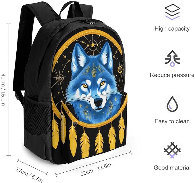 Lightweight Daypack Bookbag for Trekking Business Walking Cycling, Big Capacity Anti-Theft Multipurpose Carry On Bag, Boho Totem Native American Wolf Dream Catcher Business Computer Bag