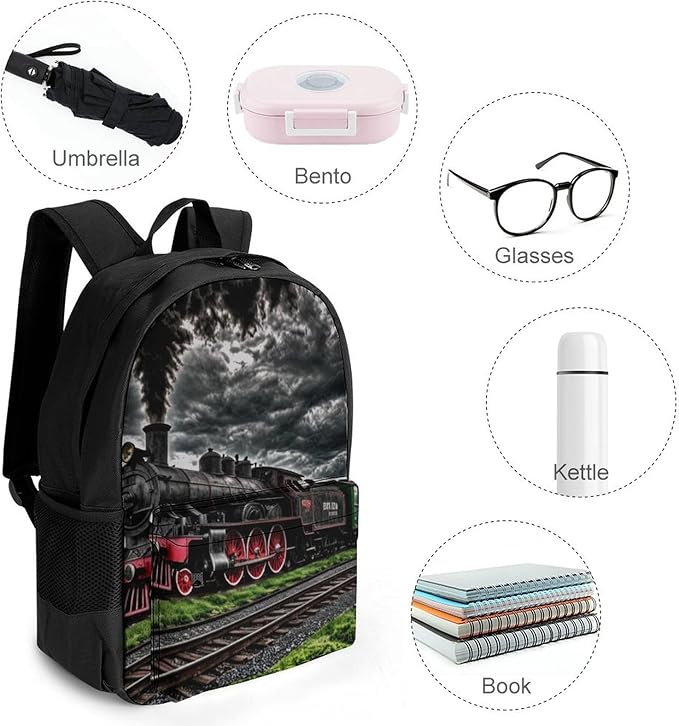 Polyester Daypack Backpack for Sports Travel Running, Big Capacity Anti-Theft Multipurpose Carry On Bag, Old Train Dark Sky Laptop Book Bag Rucksack