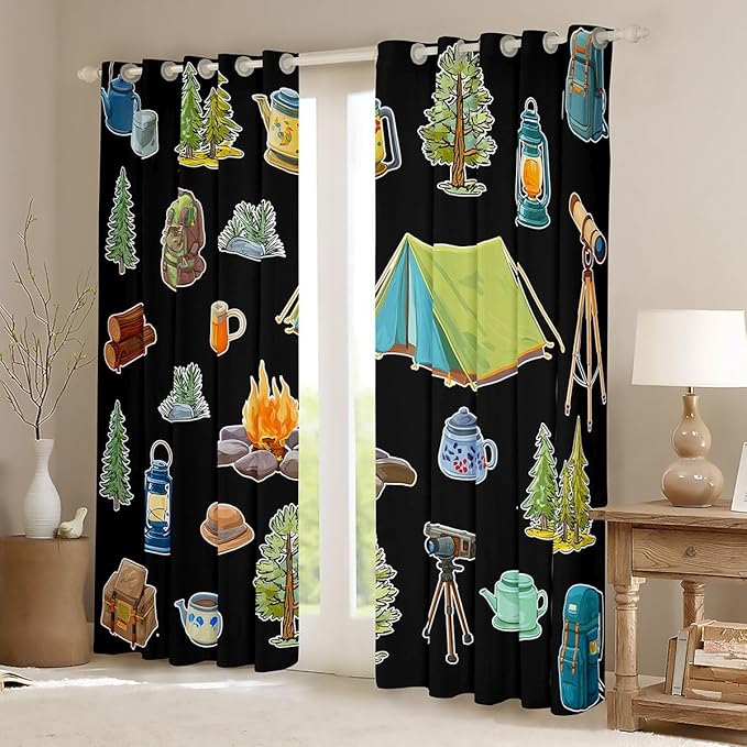 Feelyou Black Camper Theme Curtains for Bedroom Living Room Happy Camping Blackout Shades Adventure Camper Room Darkening Curtain Window Treatments, 2 Panels 38 x 45 Inch Decor