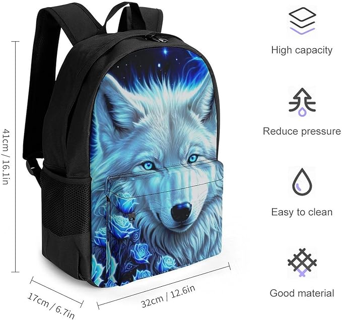 Shoulder Book Bags Anti-Theft Multipurpose Big Capacity Bookbag, White Galaxy Wolf With Blue Rose Travel Hiking Backpack With Smooth Zippers