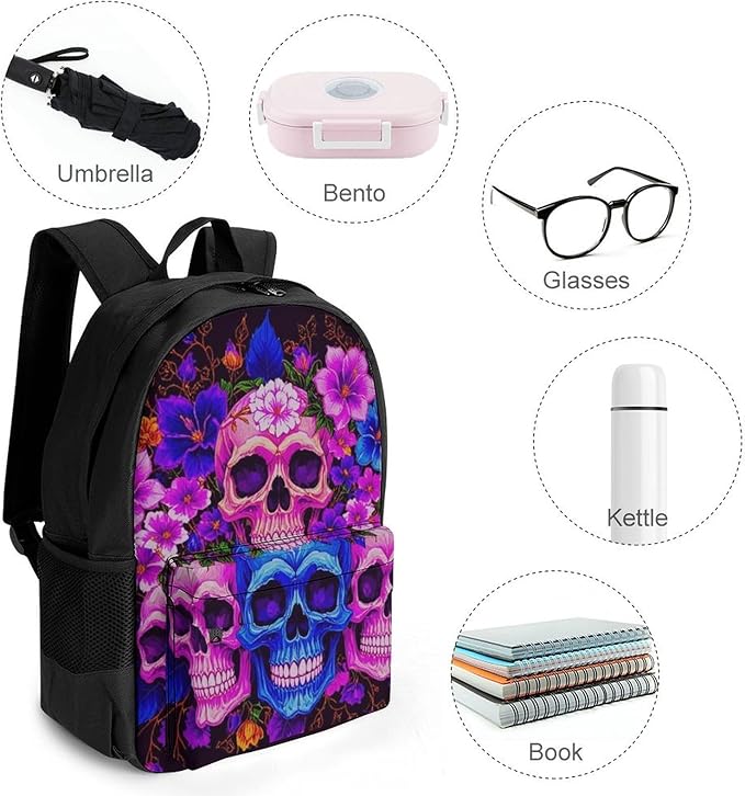 Lightweight Backpack for Gym Travel Bicycle, Big Capacity Multipurpose Anti-Theft Carry On Bag, Purple Psychedelic Mexican Sugar Skulls Day Of The Dead Floral Flowers Travel Hiking Bag Day Pack