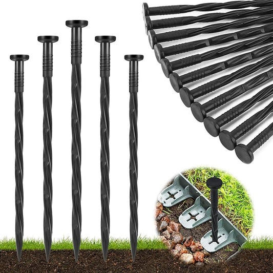 Landscape Edging Stakes, 200 Pcs 8" Plastic Garden Spikes, Spiral Nylon Anchoring Spikes for Paver Edging, Weed Barriers, Artificial Turf, Tent, Grass Pathway and More, Black