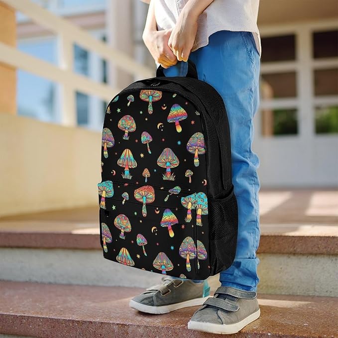 Supdreamc Men Women Polyester Trippy Magic Moon Mushrooms Daypack Backpack Large Capacity Carry On Bag With Smooth Zippers for Hiking Picnic Walking Cycling