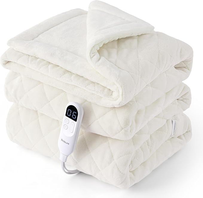 Bedsure Electric Blanket Twin - Quilted Heated Blanket Twin Size, Soft Flannel Thick Heating Blanket with 10 Time Settings & 6 Heat Settings, Warm Gifts for Women Men (62x84 inches, Ivory)