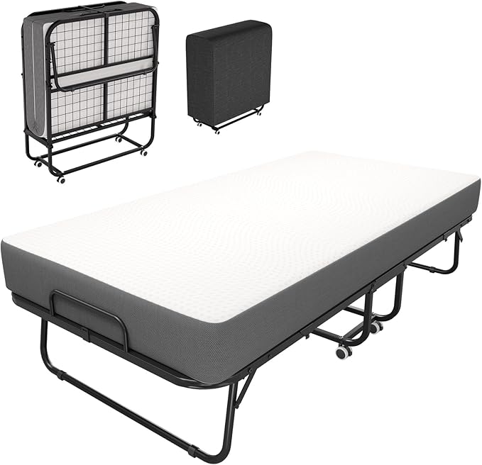 Folding Bed with Mattress for Adults,Roll Away Foldable Bed, Portable Rollaway Bed with 5-inch Memory Foam Mattress & Sturdy Metal Frame, Space-Saving Easy Storage,75"x 38"