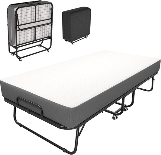 Folding Bed with Mattress for Adults,Roll Away Foldable Bed, Portable Rollaway Bed with 5-inch Memory Foam Mattress & Sturdy Metal Frame, Space-Saving Easy Storage,75"x 38"