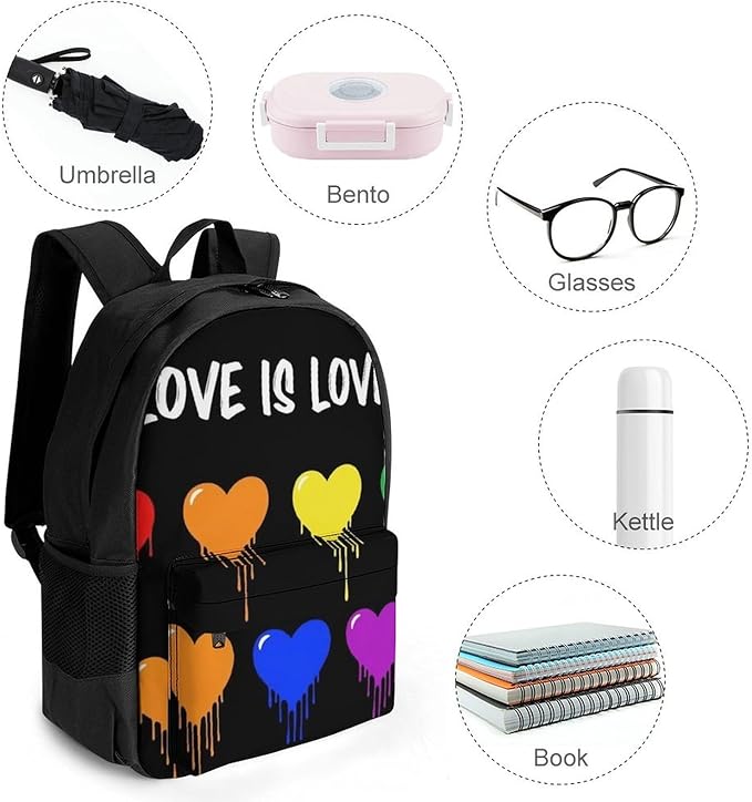 Lightweight Backpack for Gym Travel Bicycle, Big Capacity Multipurpose Anti-Theft Carry On Bag, Lgbt Pride Rainbow Heart Love Is Love Travel Hiking Bag Day Pack