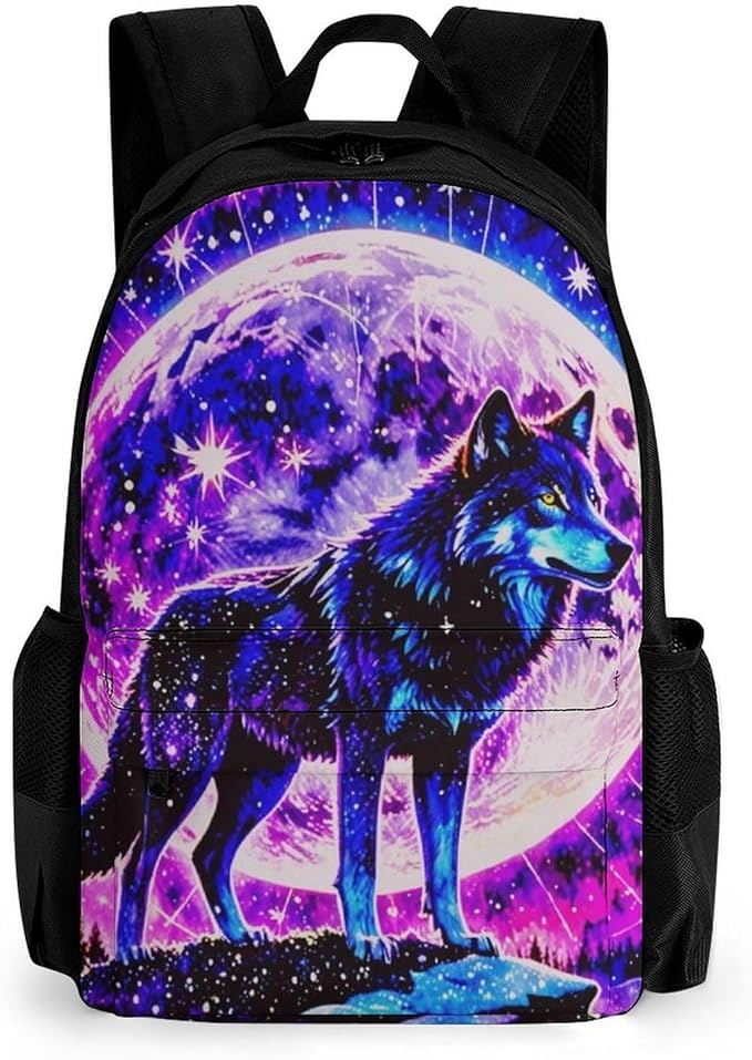 Supdreamc Backpack Anti-Theft Multipurpose Large Capacity Carry On Bag, Neon Sky Moon Wolf Camping Outdoor Backpack With Side Pockets