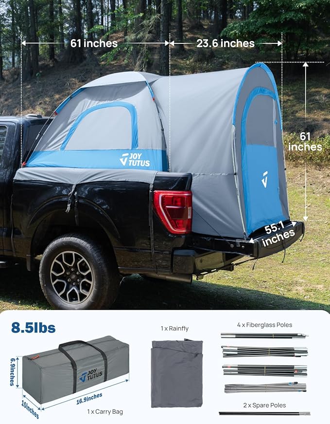 JOYTUTUS Truck Tent with Rainfly 5.0Ft, Straight Spacious Truck Bed Tent with Sky View Mesh, Waterproof PU2000mm Double Layer for 2 Person, Gray Blue