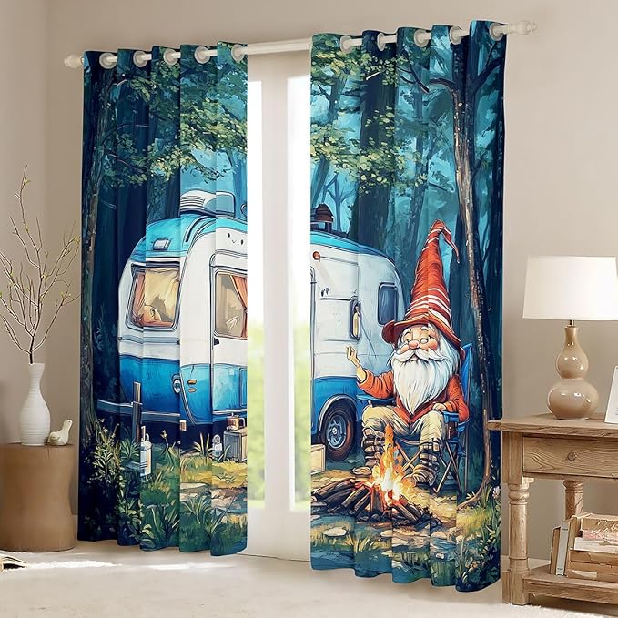 Erosebridal Happy Camping Window Curtains 38" Wx54 L Gnome Blackout Curtains for Bedroom Living Room,Rustic Camper Window Treatments Country Farmhouse Woodland Tree Drapes Decor 2 Panels