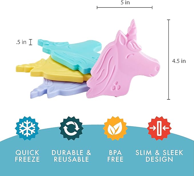 Cool Coolers Kids Lunch Box Ice Packs, Slim Ice Packs for Lunch Bags, Reusable-Multicolored 4 Pack (Unicorn)