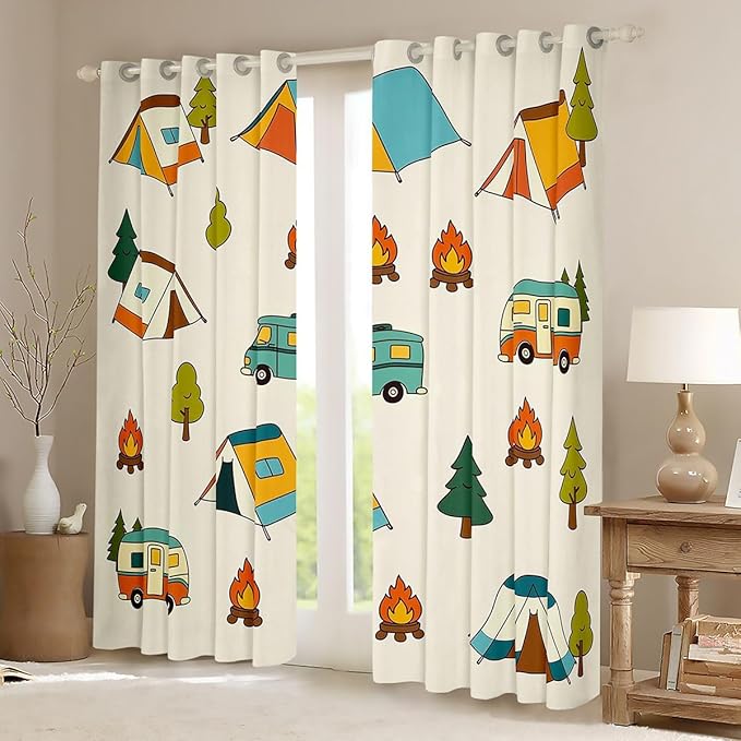 Erosebridal Camper Theme Window Drapes Happy Camping Blackout Curtains 38" Wx54 L Travel Car Rv Curtains for Bedroom Living Room,Camping Tent Campfire Forest Window Treatments 2 Panels