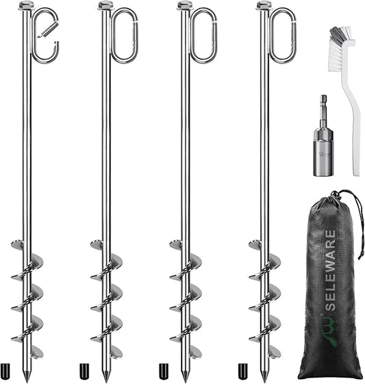 SELEWARE 4 Pack Trampoline Stakes Heavy Duty Ground Anchors High Wind Trampoline Stakes Anchors Spiral Earth Anchors for Secure Animals Trampolines Tents Shed Swing Set Mobile Homes Carport