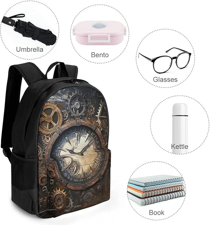 Rucksacks Multipurpose Anti-Theft Big Capacity Bookbag, Vintage Steampunk Clocks Travel Hiking Camping Rucksack With Padded Straps