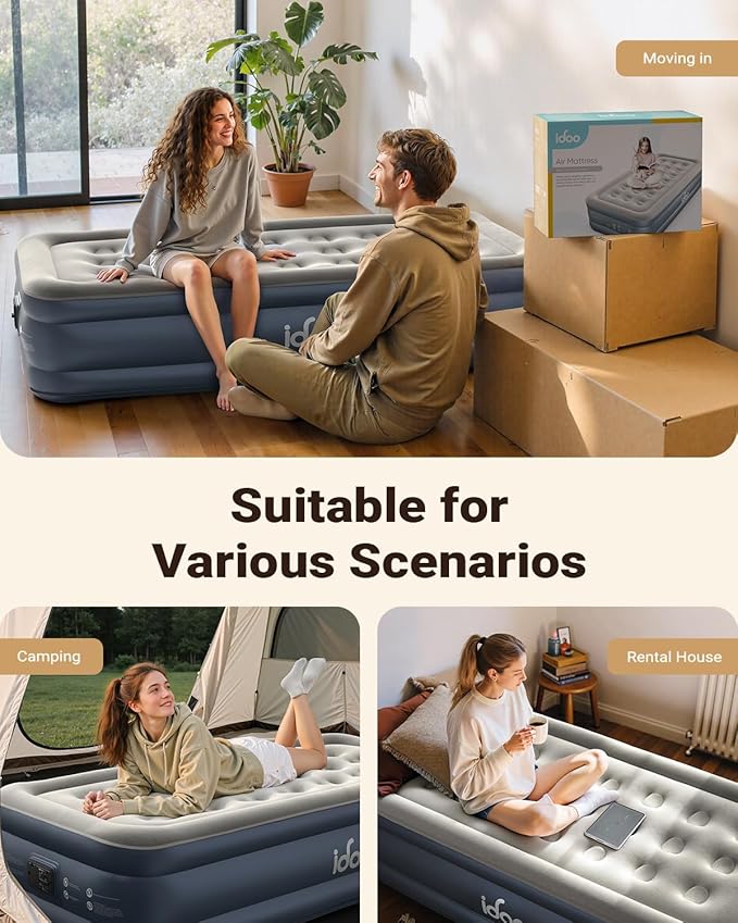 iDOO Twin Air Mattress with Built in Pump, 18" Raised Compact Blow up Mattress, Inflatable Mattress for Camping Guest Home, Portable Travel Air Bed, 2-Min Quick Inflation Deflation, Colchon inflable