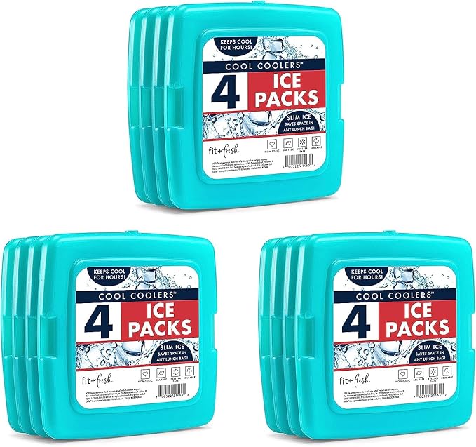 Cool Coolers by Fit + Fresh, Reusable & Long-Lasting Slim Ice Packs, Cold Packs for Lunch Boxes, Ice Packs for Lunch Bags, Green 12 Pack