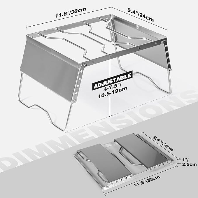 REDCAMP 12" Portable Open Fire Campfire Grill, 304 Stainless Steel Firepit Folding Campfire Grill Grate with Windscreen Height Adjustable Legs and Bag for Outdoor Backpacking Hiking Picnics BBQ