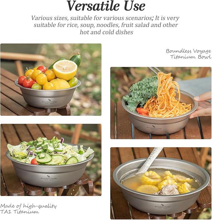 Boundless Voyage Titanium Camping Plate Bowl Set Rice Soup Salad Stackable Serving Bowls Ultralight Dinnerware Set Dishwasher Safe Ti1148t
