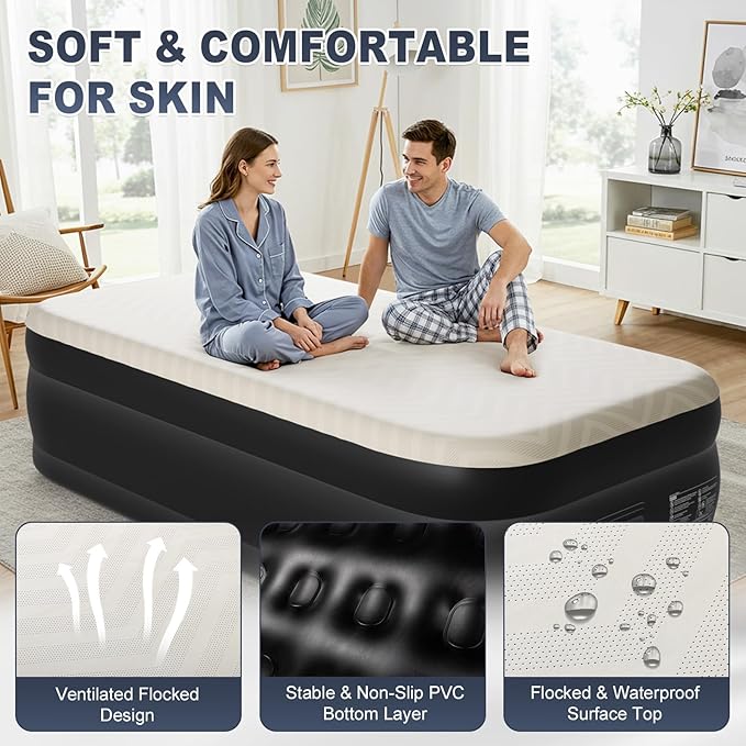 Outvita 18in Queen Air Mattress with Built-in Pump, Quick Assembly Comfort Blow Up Sleeping Mat for Guests and Home, Camping, Travel, Air Bed 650lbs Weight Capacity (75 * 39 * 18in)
