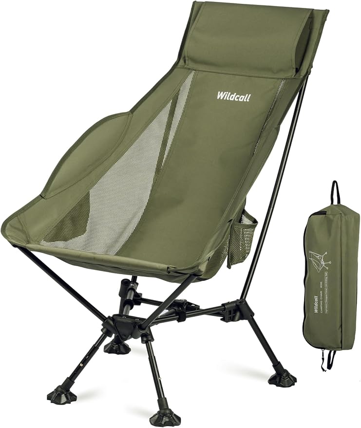 WildCall Lightweight Folding High Back Camping Chair with Head Support, Compact Beach Chair with Anti-Sinking Large Feet and Three Tilt Angles Adjustment