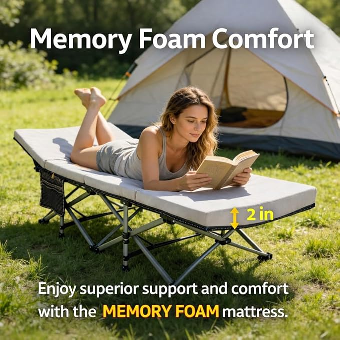 ABORON XXL Camping Cot with 2in Memory Foam Mattress, 900LBS Heavy Duty Sleeping Cot for Adults, Extra Wide Sleeping Cot, 1200D Double Layer Oxford Cot for Camping, Guest, Office Nap