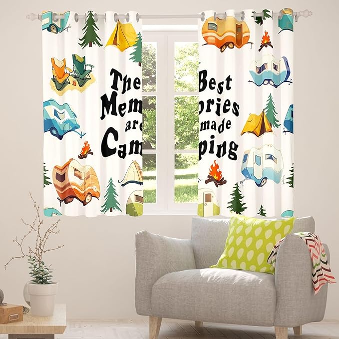 Cartoon Camper Window Drapes,RV Trailer Rustic Adventure Boys Girls Room Decor,Tent Bonfire Campfire Pine Tree Nature Blackout Curtains,Colorful 2 Panels,42Wx84L inch