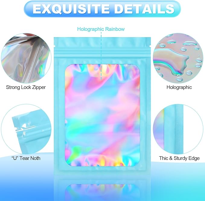 100 Pieces Smell Proof Mylar Bags- Resealable Holographic Packaging Pouch Bag with Clear Window for Food Storage Eyelash Jewelry Electronics Storage (Blue, 2.8 x 4 Inch)