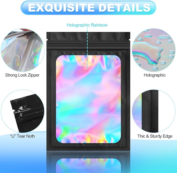 100 Pieces Smell Proof Mylar Bags- Resealable Holographic Packaging Pouch Bag with Clear Window for Food Storage Eyelash Jewelry Electronics Storage (Black, 6.3 x 9.4 Inch)