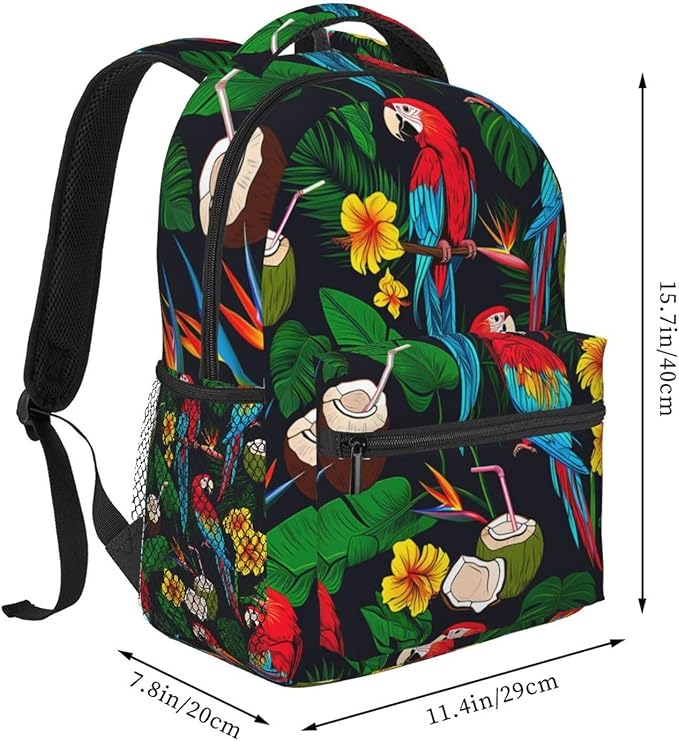 Men Women Lightweight Macaw And Tropical Cocktail Art Casual Daypack Big Capacity Bookbag With Padded Straps for Gym Travel Walking Cycling