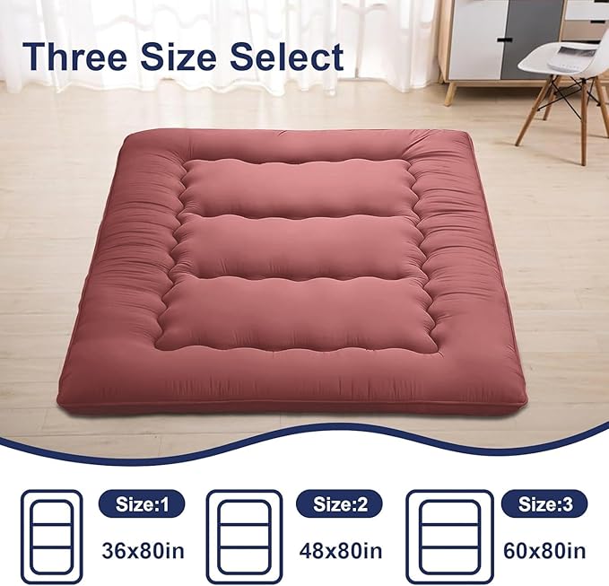 Japanese Floor Mattress,Thicken Japanese Floor Sleeping Pad Foldable,Roll Up Tatami Mat Easy to Store and Portable,Futon Mattress Suitable for Camping and Guest Room (Red, Twin (80" x 36"))