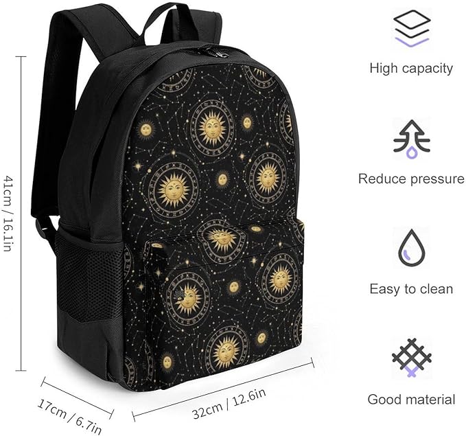 Men Women Polyester Mystical Constellations Space Gold Zodiac Sun Moon Stars Daypack Big Capacity Shoulder Bag With Adjustable Shoulder Straps for Camping Travel Walking Cycling
