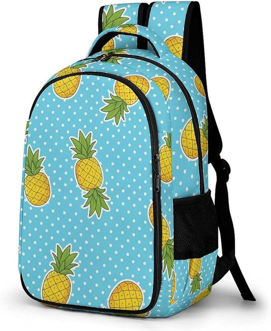 Travel Backpack Sky Blue Polka Dots Yellow Pineapples for Women Men, Anti Theft Laptop Daypack with Large Capacity for College Work Weekender Outdoor