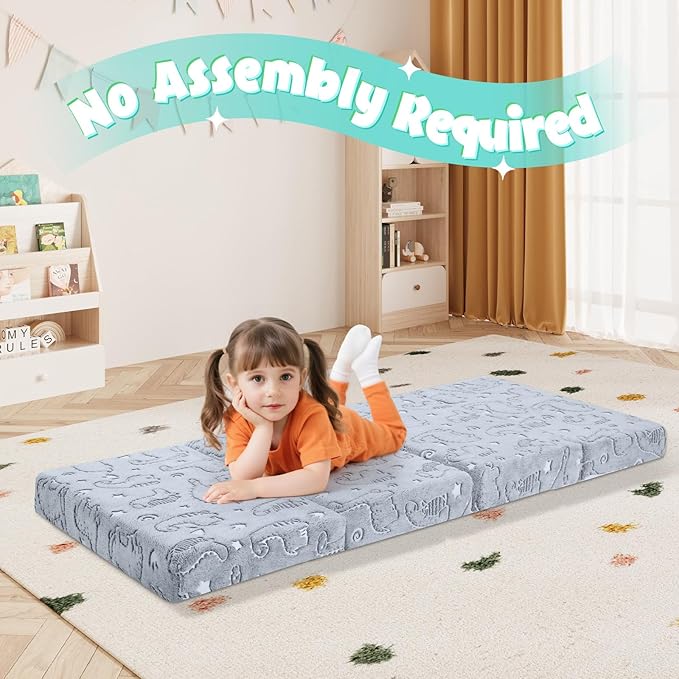 MeMoreCool Kids Folding Mattress, Trifold Foldable Floor Mattress for Kids, 63x26 Portable Floor Mat with Washable Cover and Carry Bag for Camping Sleepover Daycare, Grey Dinosaur
