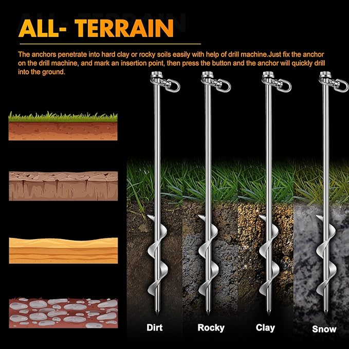 Hiboom Ground Anchor Screw Heavy Duty Earth Anchors Tent Stakes for High Wind with T Handle Hex Wrench Trampoline Hook Ground Stakes for Camping Canopies Car Ports Sheds