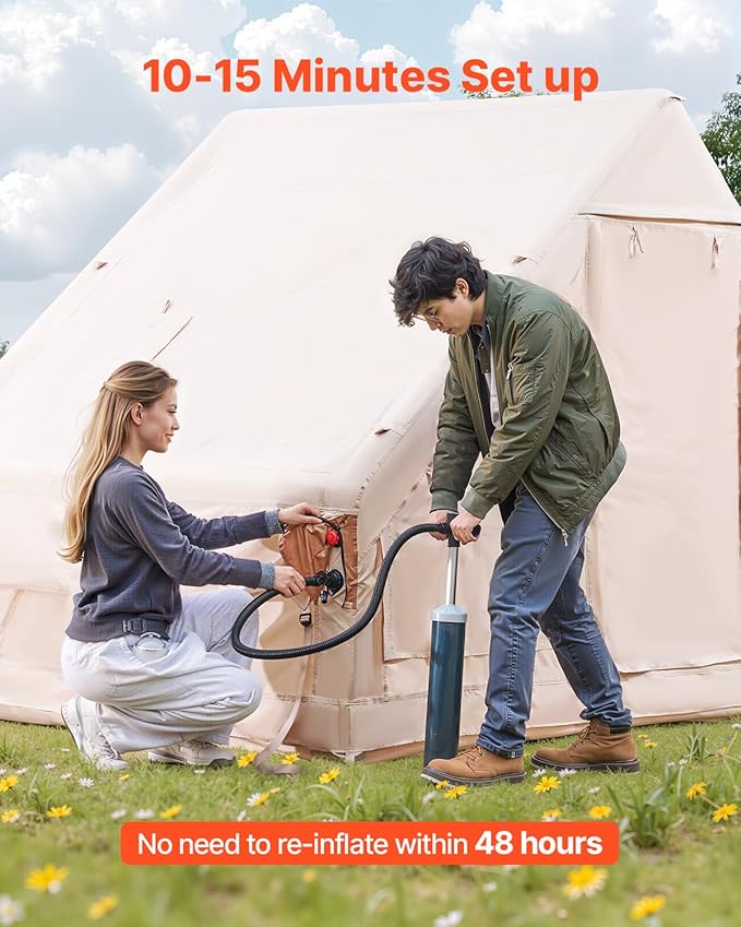 VEVOR Inflatable Tents for Camping, Easy Setup Blow up Tent with Hand Pump, 4 Season Glamping Tent with Stove Jack, Doors & Mesh Windows, Storage Bag Included for Easy Taking