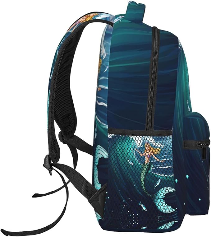 Daypack Backpack Anti-Theft Multipurpose Large Capacity Carry On Bag, Fantastical Style Mermaid And Huge Waves Art Traveling Camping Backpack With Side Pockets