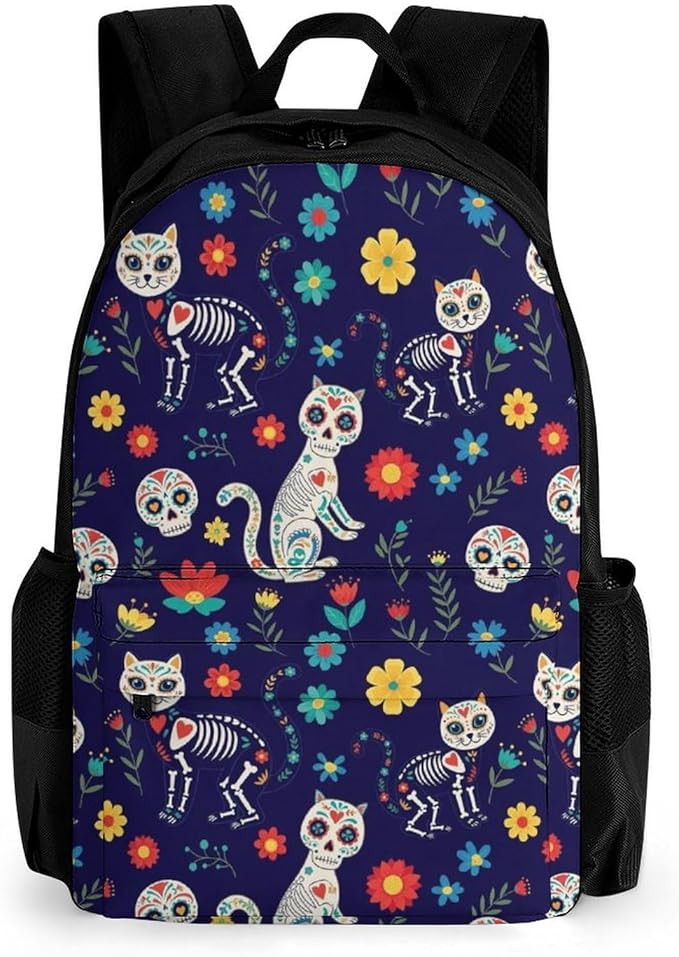 Polyester Daypack for Hiking Work Running, Big Capacity Anti-Theft Multipurpose Shoulder Bag, Day Of The Dead Black Cat Rose Sugar Skull Skeleton Travel and Sport Backpack Rucksack