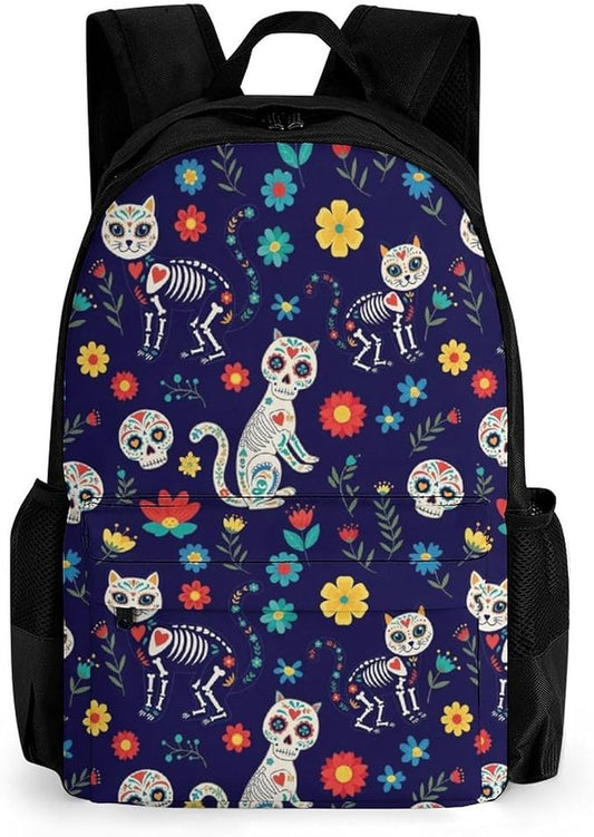 Polyester Daypack for Hiking Work Running, Big Capacity Anti-Theft Multipurpose Shoulder Bag, Day Of The Dead Black Cat Rose Sugar Skull Skeleton Travel and Sport Backpack Rucksack