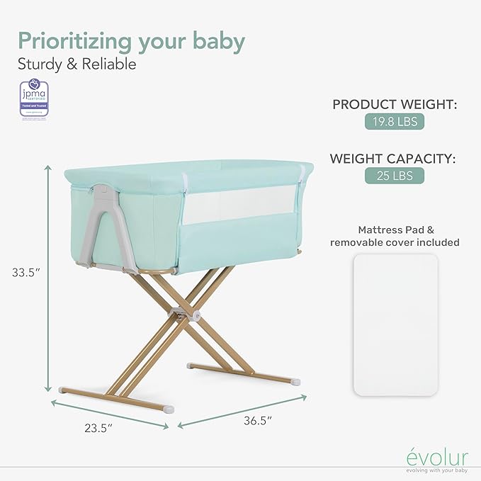 Evolur Orabelle Baby Bassinet & Bedside Sleeper, Breathable Mesh Sides, Plush Mattress Pad with Removable Cover, Tool-Free Assembly, Quick Foldable Steel Frame Compact Design with Travel Bag – Mint