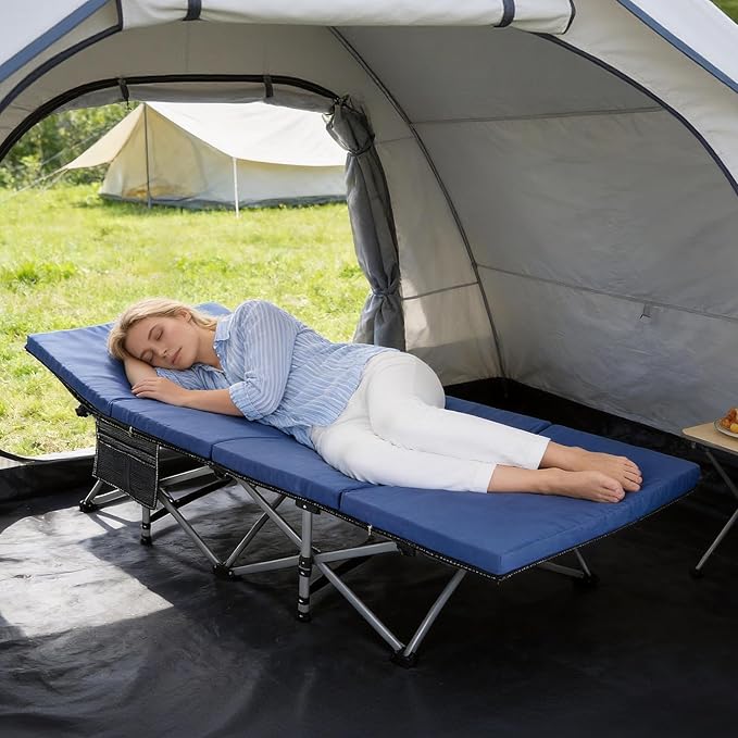 LILYPELLE Folding Camping Cot, Extra Wide Heavy Duty Sleeping Cots with Carry Bag, Double Layer Oxford Portable Travel Camp Cots for Home, Office Nap and Outdoor Beach