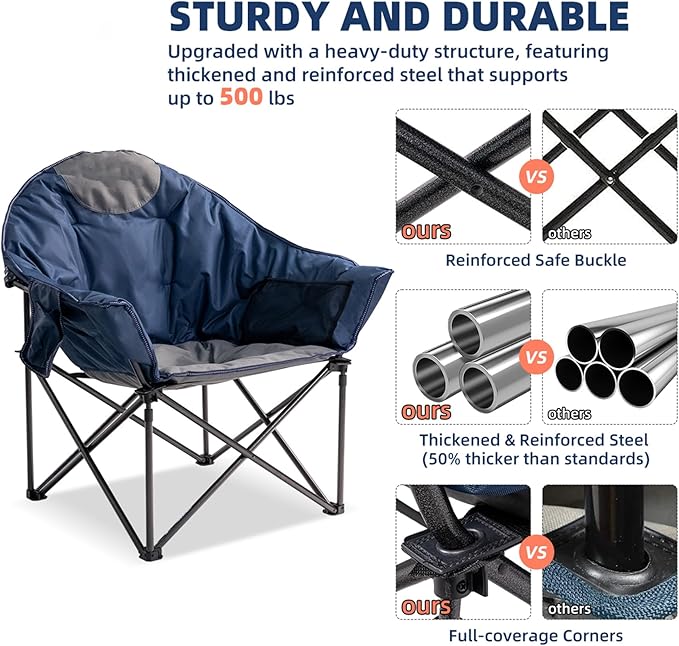 Oversized Camping Chair with Cup Holder & Carry Bag - 500lbs Heavy Duty Moon Saucer Chair for Outdoor, Lawn, Sports, Patio - Padded Folding Sofa Chair, Blue & Gray