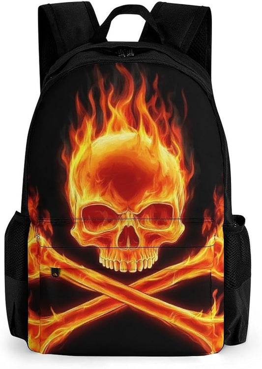 Polyester Daypack for Camping Travel Walking Cycling, Big Capacity Anti-Theft Multipurpose Bookbag, Fire Flaming Skull Crossbones Camping Outdoor Backpack