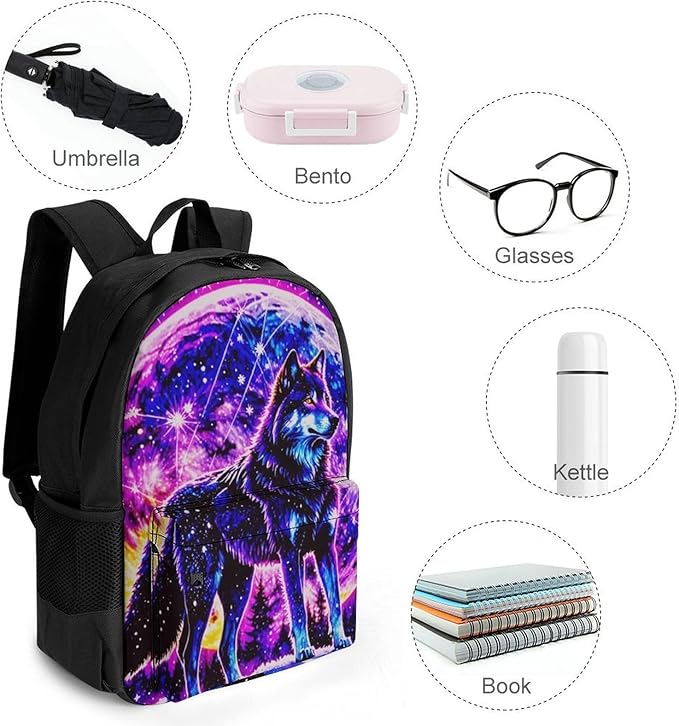 Supdreamc Daypack Backpack Anti-Theft Multipurpose Large Capacity Carry On Bag, Trippy Wolf Space Galaxy Art Traveling Camping Backpack With Side Pockets
