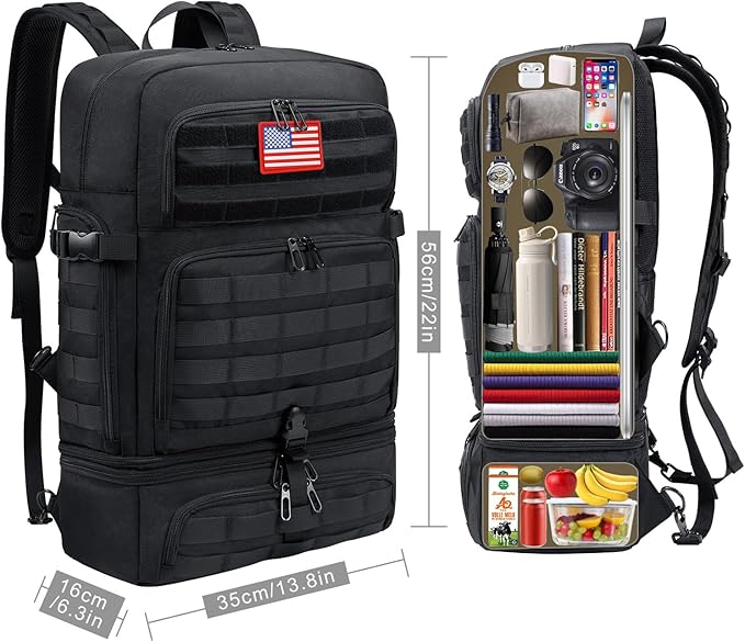 BERTASCHE Lunch Backpack for Men, 17 inch Laptop Backpack for Work Travel Camping Tactical Molle Daypack, Black