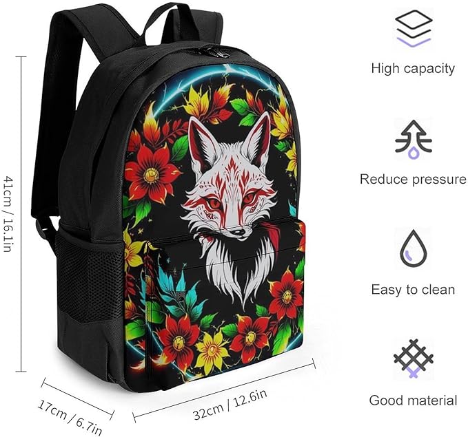 Men Women Polyester Blue Green Red Fire Flame Dragon Fox Kitsune Black Art Daypack Big Capacity Shoulder Bag With Adjustable Shoulder Straps for Camping Travel Walking Cycling