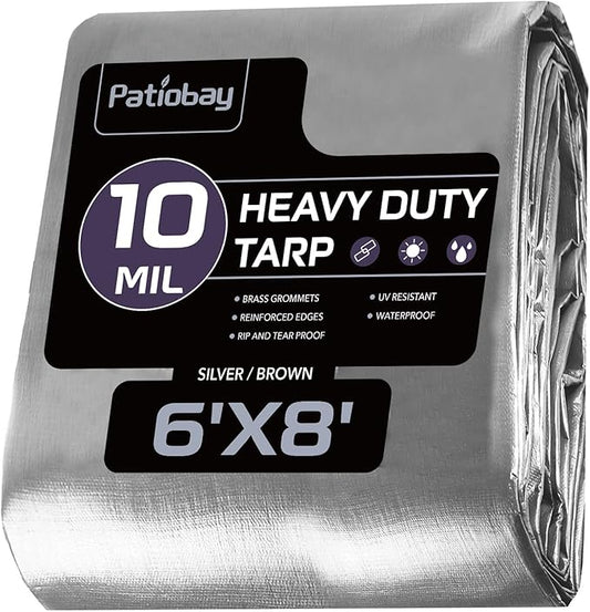 Tarp 6x8 Feet, 10 Mil Waterproof Tarps Heavy Duty with Grommets Every 23.6", Thick Plastic Tarp, UV Resistant Tear&Fade Resistant, Reinforced Edges for Outdoor Pool Camp Tent